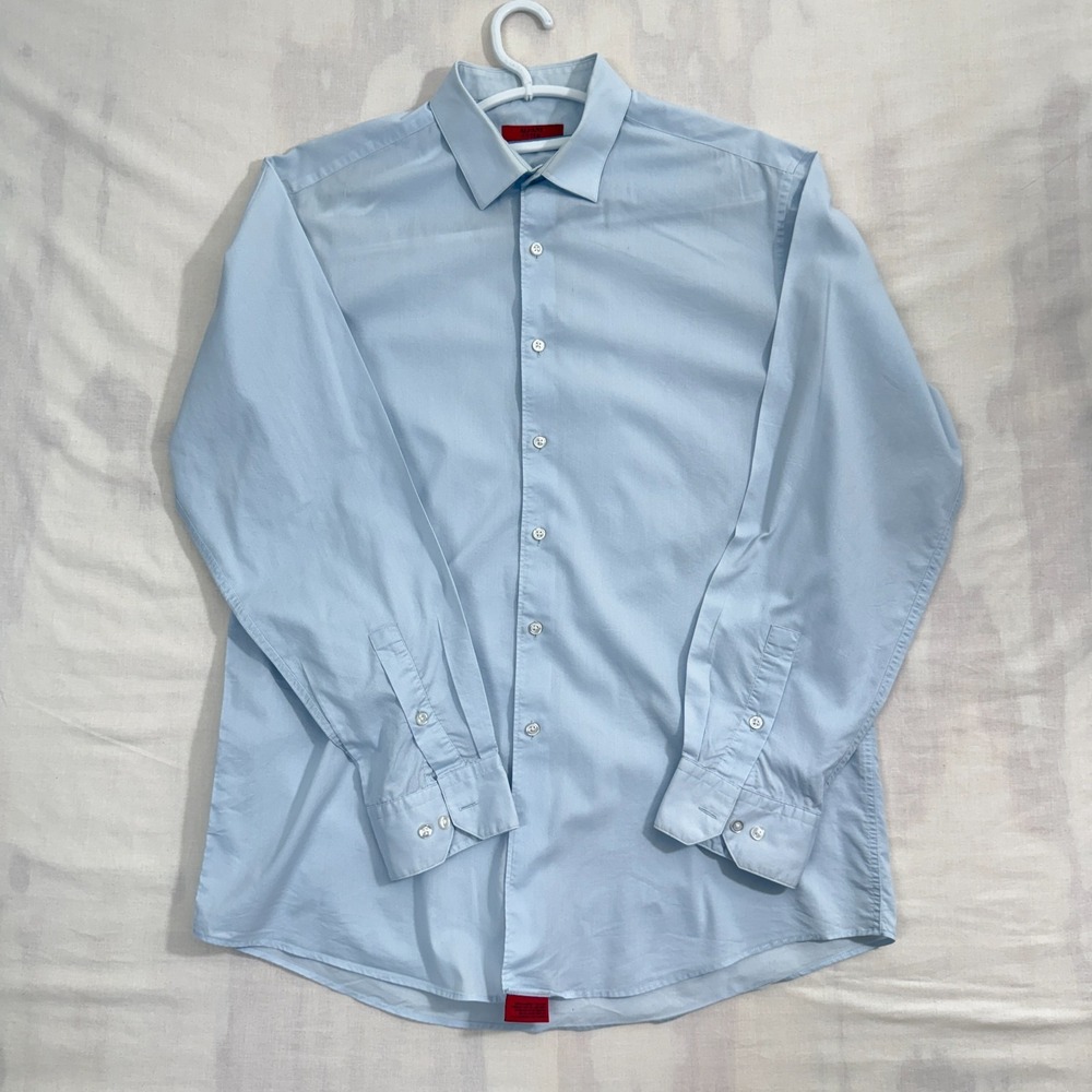 Alfani Dress Shirt Mens L Light Blue Fitted Stretch Easy Care Long Sleeve Button